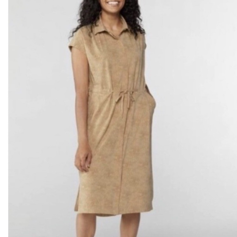 REI Collared Drawstring Midi Dress in Tan